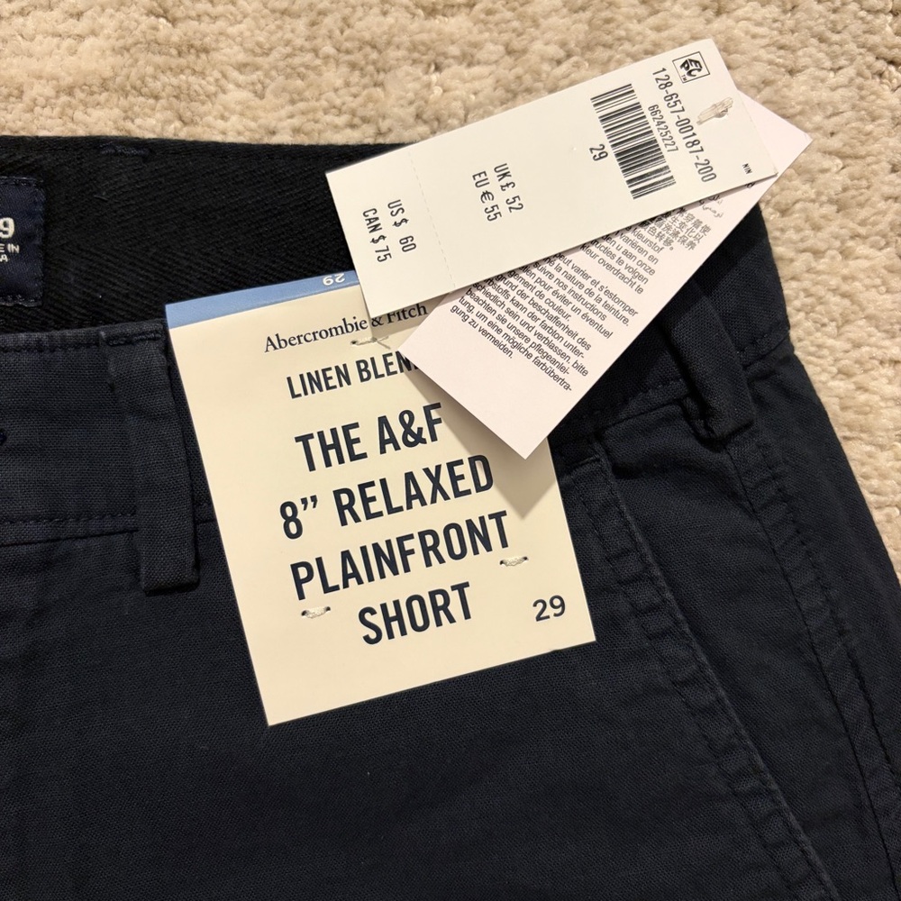 Abercrombie mens linen cotton blend navy blue plainfront 8” relaxed shorts BNWT - Picture 4 of 8
